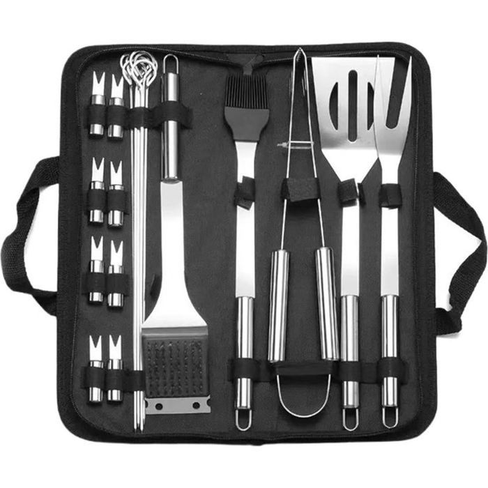 Set de 20 Pièces - Ensemble Ustensiles Barbecue Acier Inoxydable avec Sac Toile Portable Extérieur Camping