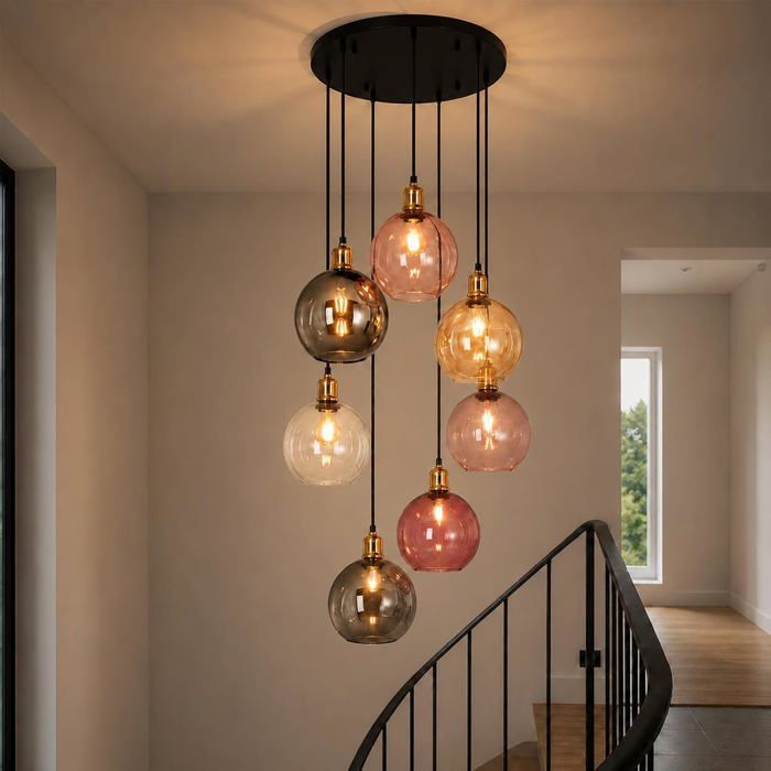 HOMEFIRE - Suspension 7 Boules en Verre Coloré Luminaire 190 cm Réglable pour Cage dEscalier Salon Salle à Manger