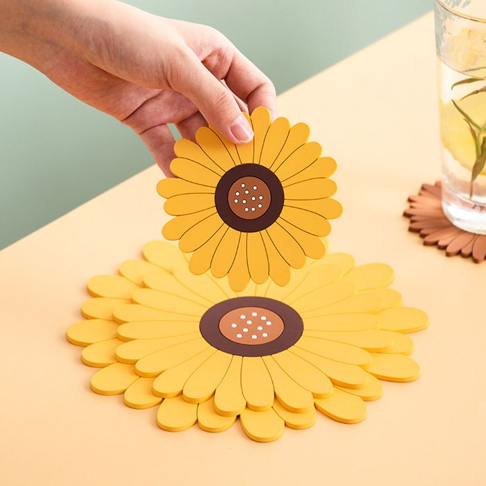 Lot de 3 dessous de plat et dessous de verre en silicone motif tournesol antidérapants résistants à la chaleur