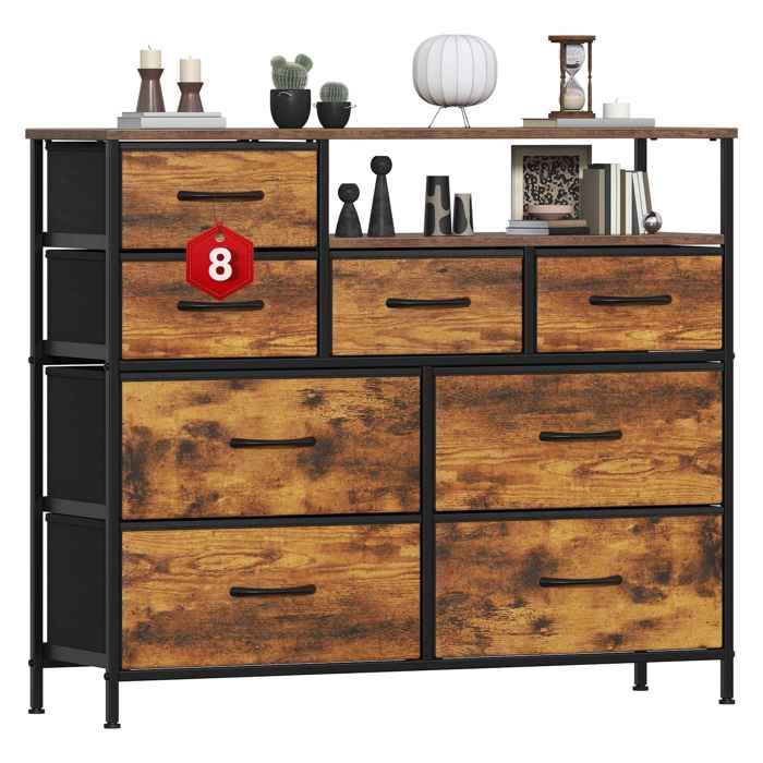 Commode de rangement 8 tiroirs en tissu style vintage avec étagère ouverte cadre noir meuble chambre salon 100x30x83.5cm