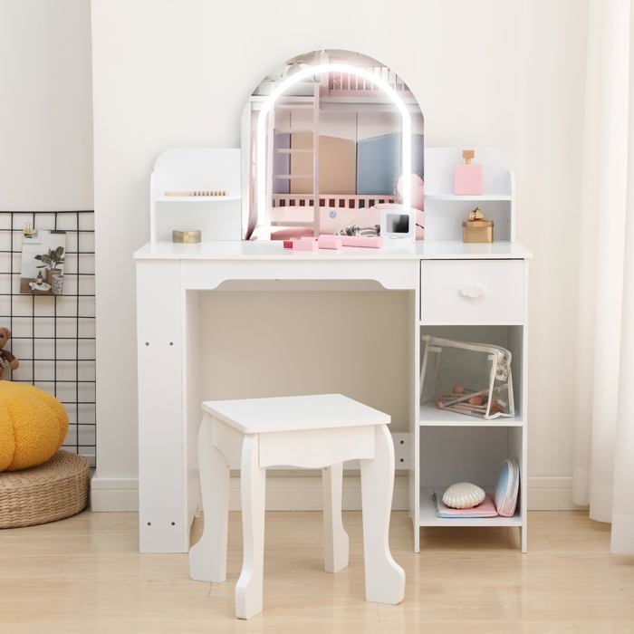 Coiffeuse enfant avec miroir LED réglable – Bureau maquillage en bois tabouret bibliothèque tiroir rangements – Blanc