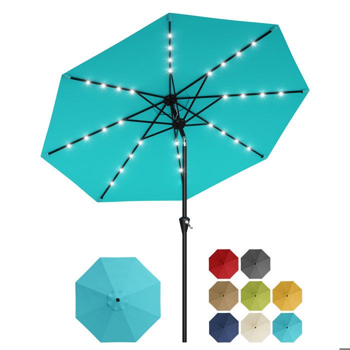 Parasol Jardin 270cm – 8 Baleines Lampes Solaires Télescopique Inclinaison Push-Button Anti-UV Idéal pour Terrasse Bleu Ciel