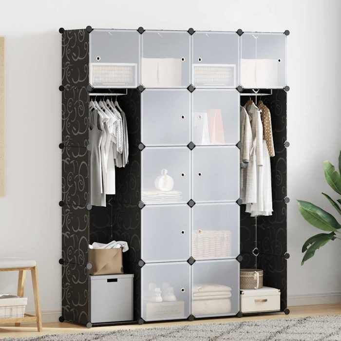 Armoire Chambre - Noir - Grande Penderie - Cabinet modulaire - 14 compartiments - Noir et blanc 37x146x1805cm@13660