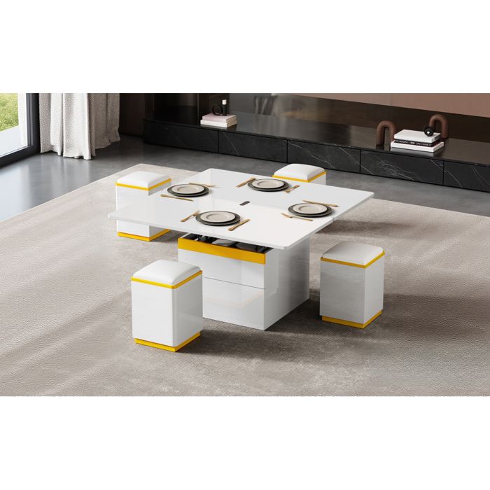 Ensemble table basse relevable avec 4 tabourets table transformable repas/bureau rangement intégré 100x50x43 cm