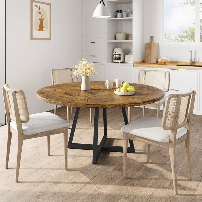 Table à manger ronde industrielle - 4 à 6 personnes - Pied central en métal - Étagère de rangement intégrée - Bois