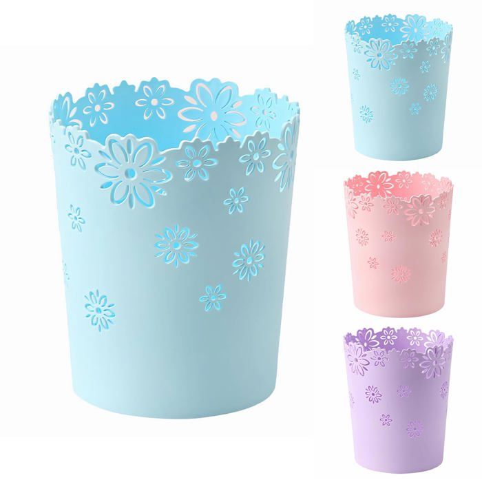 Petite poubelle bleue — Corbeille à papier pour chambre poubelle en plastique avec motif floral découpé (bleu taille moyenne)