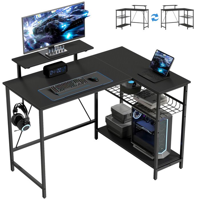 Bureau gaming réversible dangle support écran étagère maille réglable 114 5x82x91 5cm noir