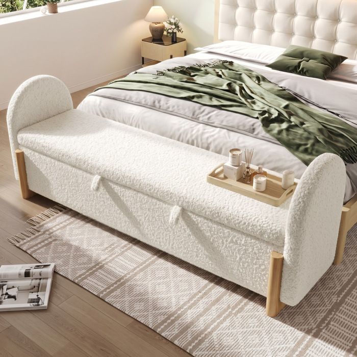 Banc de lit de rangement hydraulique AESVAR 166 x 47 x 61 cm bouclé blanc soft-close pieds bois