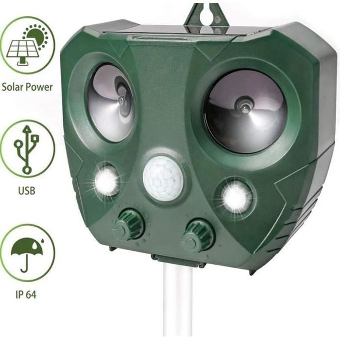 Répulsif Ultrason Solaire avec Capteur PIR et Lampe Flash pour Animaux