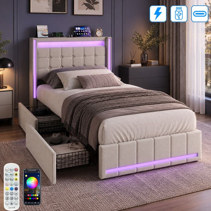 Lit coffre 90x200 cm en lin - 2 tiroirs de rangement - tête de lit étagère LED RGB et USB Type-C - Sommier - Lit une place - Beige