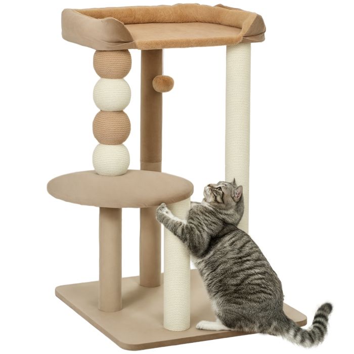 Arbre à chat 86 cm avec multi-niveaux griffoirs plateformes couchage et jouet en bois et peluche café