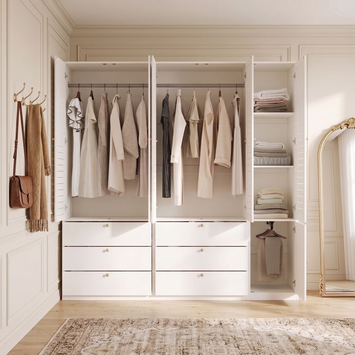 Armoire de chambre - ZEVKOR - Armoire 5 portes battantes - Blanc - 6 tiroirs - 3 tringles