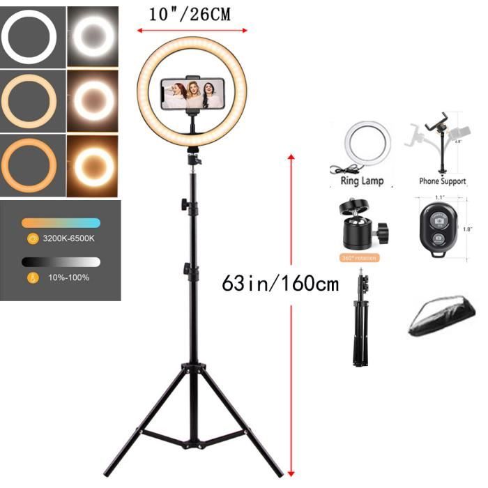 26cm lumière 160cm-Anneau Lumineux à Intensité Réglable pour Selfie, Support de Téléphone, Trépied, Lampe Cir