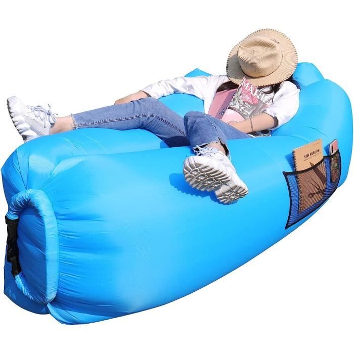 FainFun Sofa Gonflable Plage, 200 * 70cm Canapé Plage Gonflable, Transat Gonflable Vent, Hamac Gonflable Exterieur, pour Le Camping, la Mer, la Plage, Le Salon d'air (Polyester, Bleu Noir
