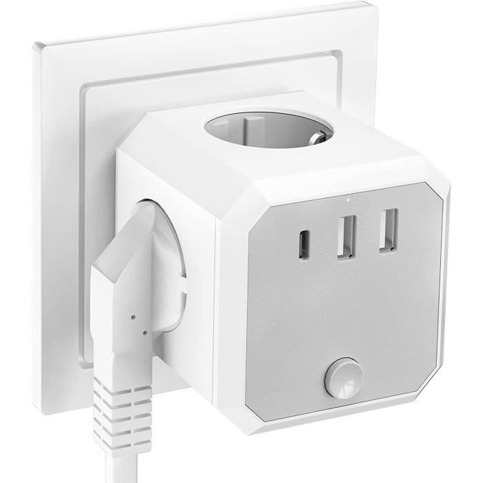 Cube Multiprise, Avec Câble, 3 Prises, Avec Usb C, 3680 W Adaptateur De Prise Cube Multiprise 6 En 1 Avec Interrupteur Pour Bureau Maison Voyage Blanc 2 M