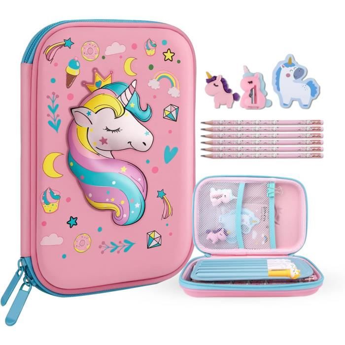 Coffret Fournitures Scolaires Licorne Coffret Papeterie Licorne 27 Pièces - Stylos, Carnet, Trousse, Géométrie Pour Filles 4-10 Ans Ensemble Scolaire Licorne 27pcs
