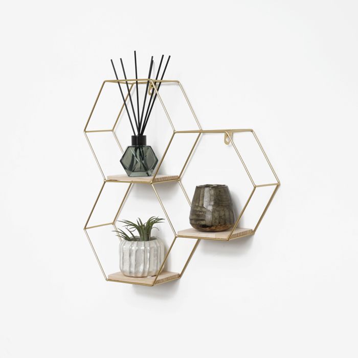 Triple étagère murale hexagonale en métal avec 3 tablettes en bois - 40 5x41 cm - Or