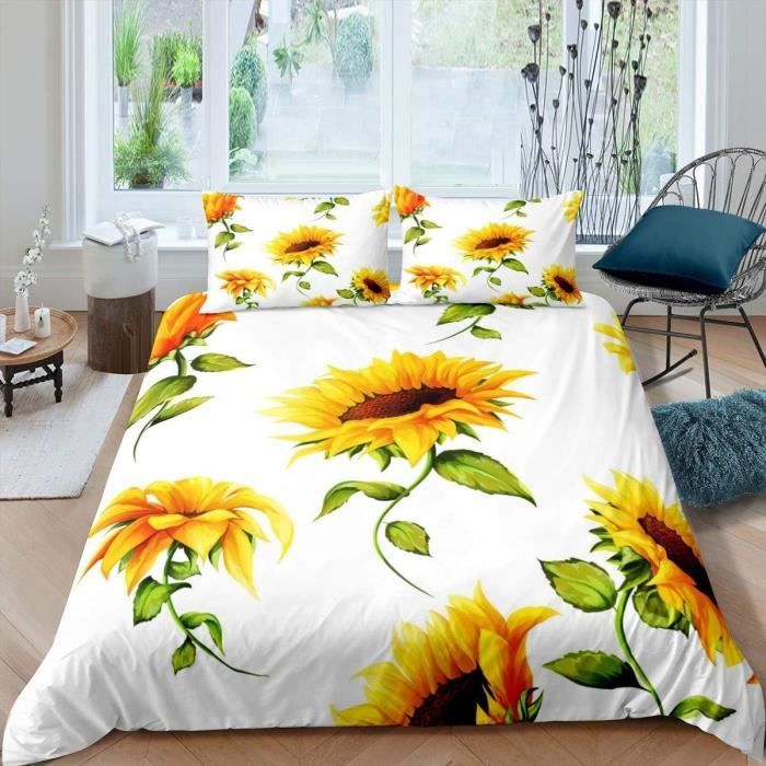 Parure De Lit 3 Pièces HAIBA 180x200 Cm - Housse Couette Coton Réversible Jaune/vert