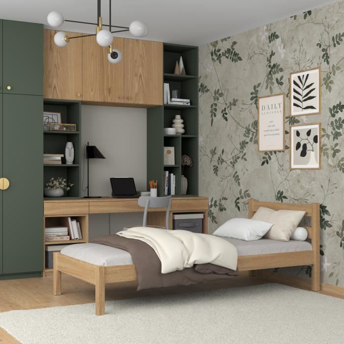 Lit Simple Adulte Panana 90x200cm - Bois Blanc - Avec Sommier à Lattes - Hauteur 82cm