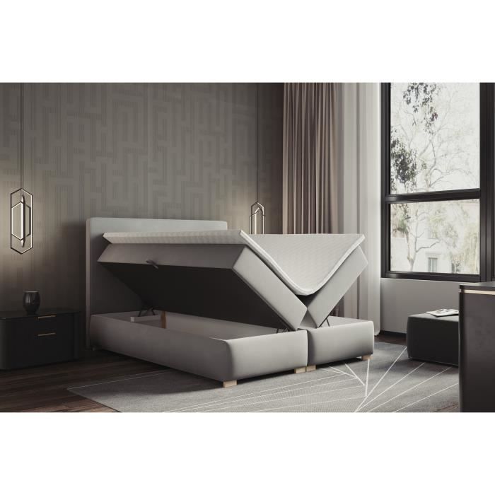 Lit adulte 180x200 cm LUPIN - avec matelas ressorts intégrés rangement et surmatelas - tissu velours – gris