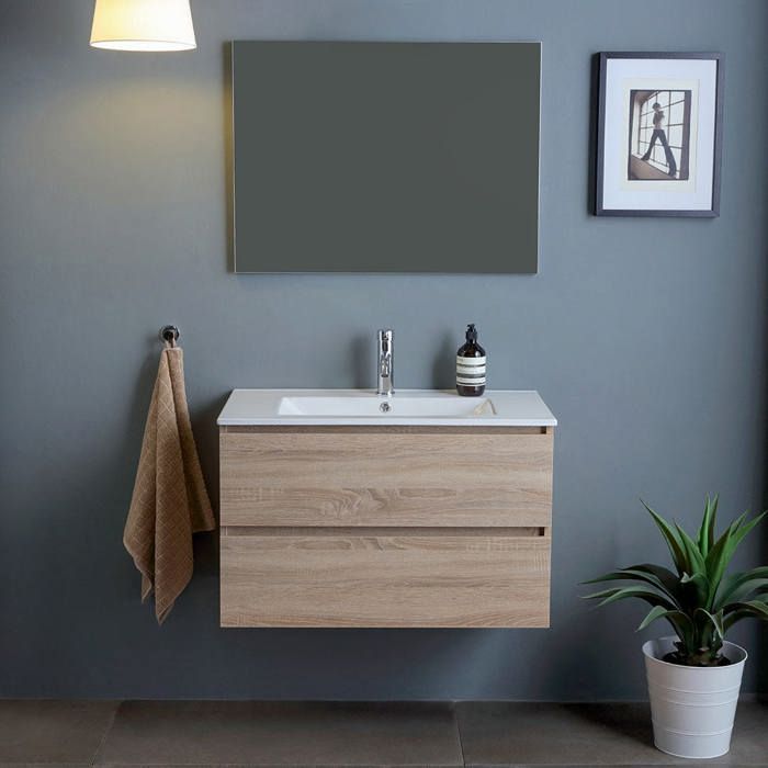 MEUBLE DE SALLE DE BAINS MURAL DE 80 CM AVEC DEUX TIROIRS EN CHÊNE NATUREL BERLIN MEUBLE DE SALLE DE BAINS MURAL DE 80 CM AVEC DEUX TIROIRS EN CHÊNE NATUREL BERLIN