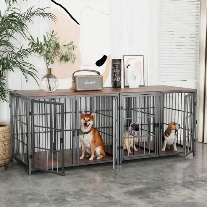 Meilleurs prix pour Cage Chien avec 3 Porte Intérieur Bois Caisse XXL Grande Taille avec Diviseur Amovible avec Plateau Amovible 90x62x68.5cm