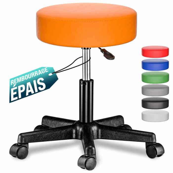 CASARIA® Tabouret de bureau orange pivotant 360° hauteur réglable 46-60 cm avec roulettes siège rembourrage 10 cm