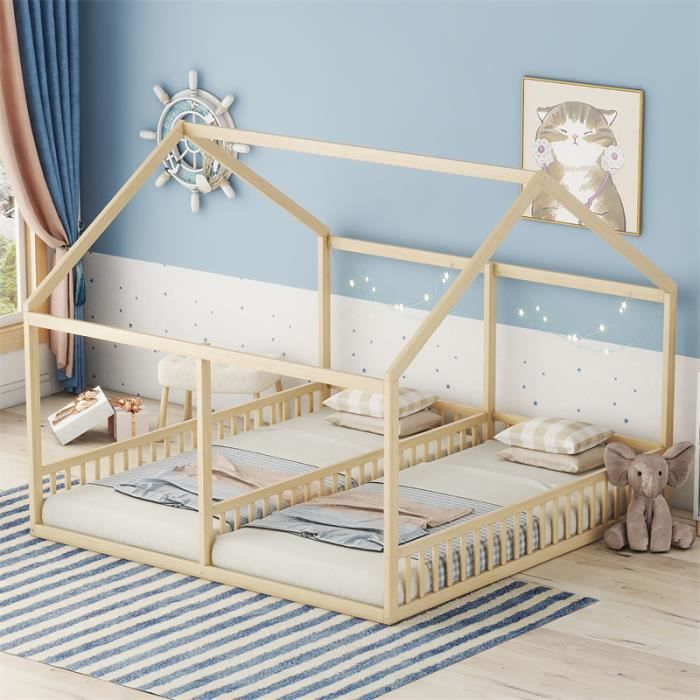 Lit cabane - Naturel - 90x200cm - 2 places -