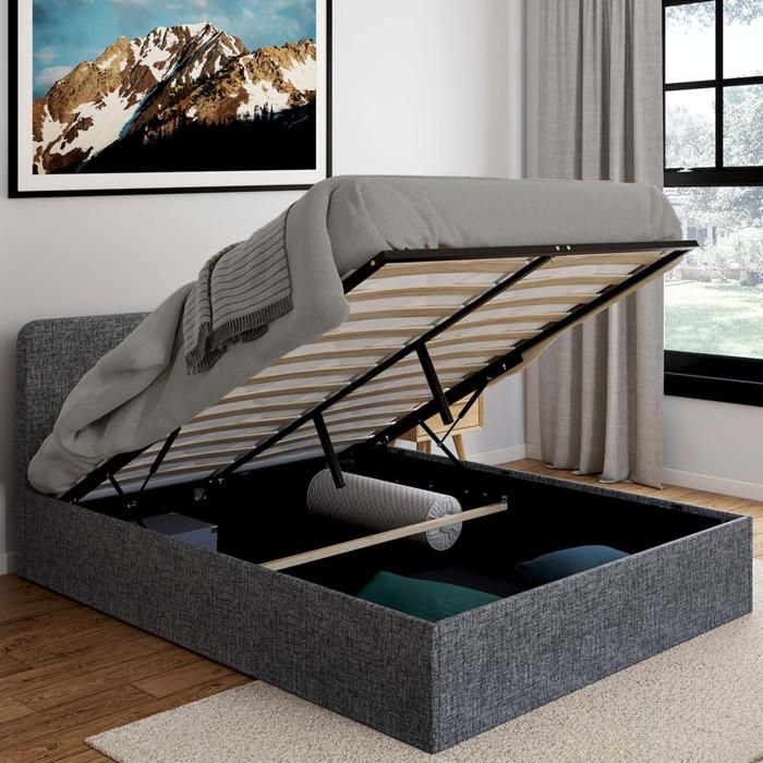 IDMARKET Lit coffre double NORFOLK avec tête de lit et sommier 140 x 190 cm tissu gris anthracite