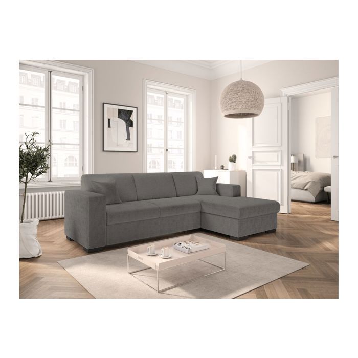 Canapé dangle droit 4 places FUJI XL convertible avec coffre en tissu bouclette - Gris - L262 x P157 x H83cm - LOUNGITUDE Canapé dangle droit 4 places FUJI XL convertible avec coffre en tissu bouclette - Gris - L262 x P157 x H83cm - LOUNGITUDE