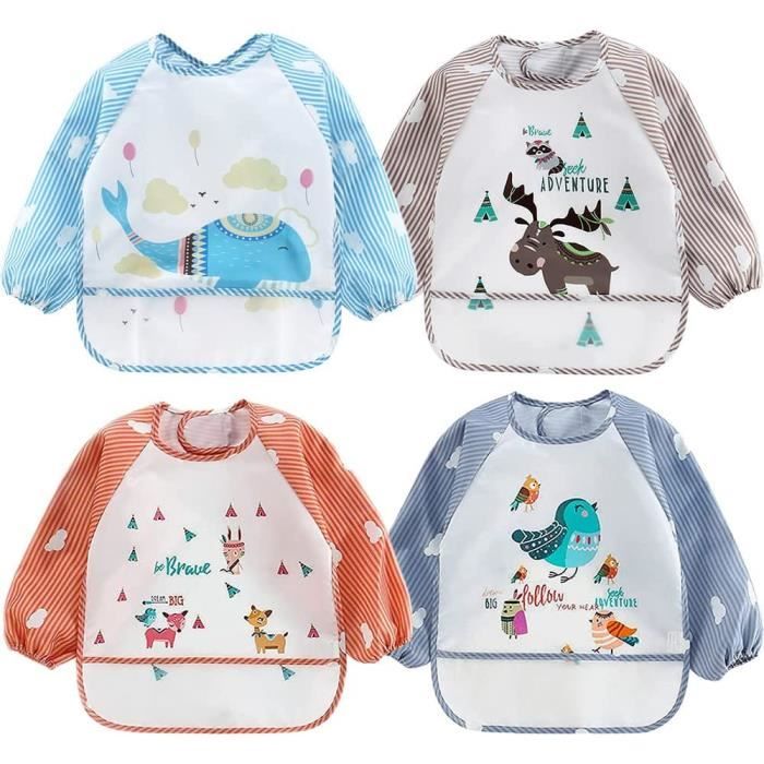 Lot De 3 Bavoirs à Manches Longues Pour Bébé 0-2 Ans - Étanches - Protection Complète Pendant Les Repas - Plusieurs Couleurs