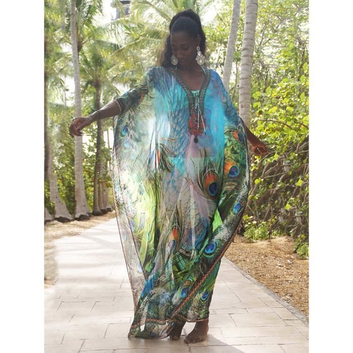 Robe de plage imprimee paon Fitshinling Type green Blanc Cdiscount Pret a Porter