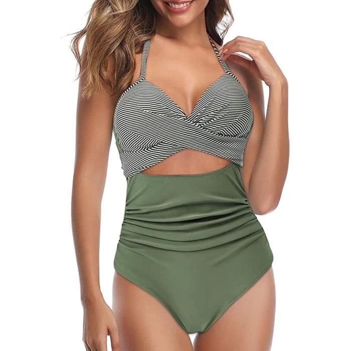 Maillot De Bain Femme 1 Pièce Gainant Col Rond - Monokini Vintage Push Up Contrôle Ventre Beachwear Été