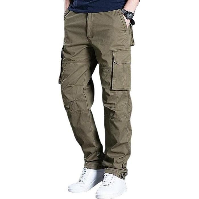 Pantalon Cargo Homme Droit Multipoches Taille Elastique Pantalon de Travail  en Coton Couleur Unie