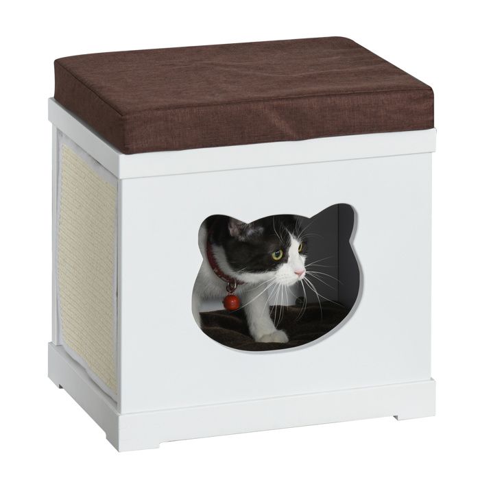 Meilleurs prix pour Panier chat grattoirs pouf 3 en 1 - 2 coussins, 2 grattoirs amovibles - entrée, sortie tête de chat - MDF blanc