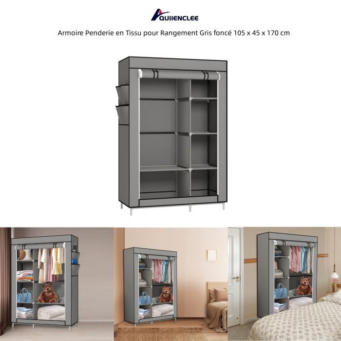 Armoire Penderie en Tissu QUIIENCLEE à 5 compartiments Gris foncé avec