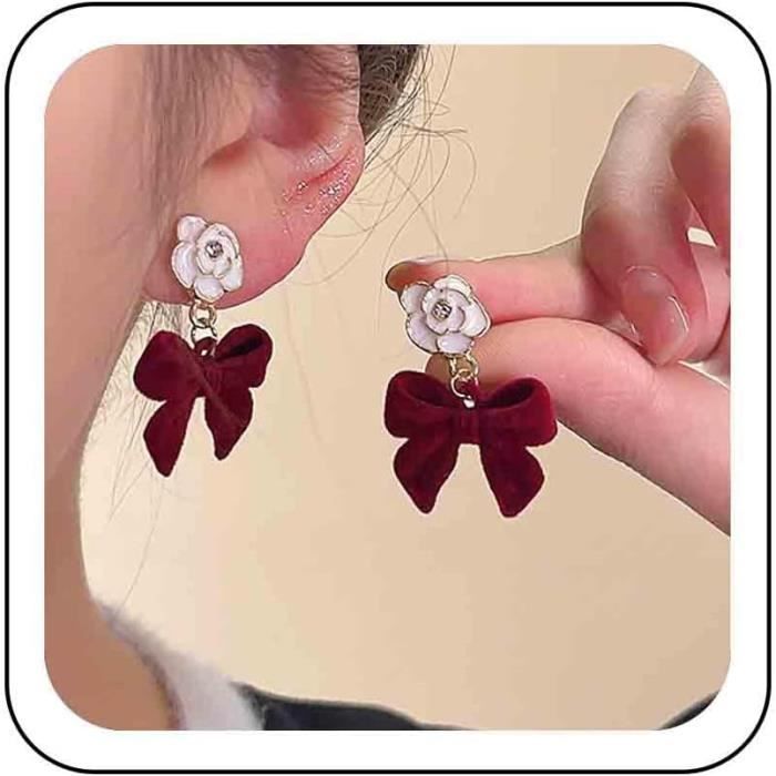 Boucles D'Oreilles Pendantes Avec Nœud En Perles Boucles D'Oreilles En Velours Rouge Boucles D
