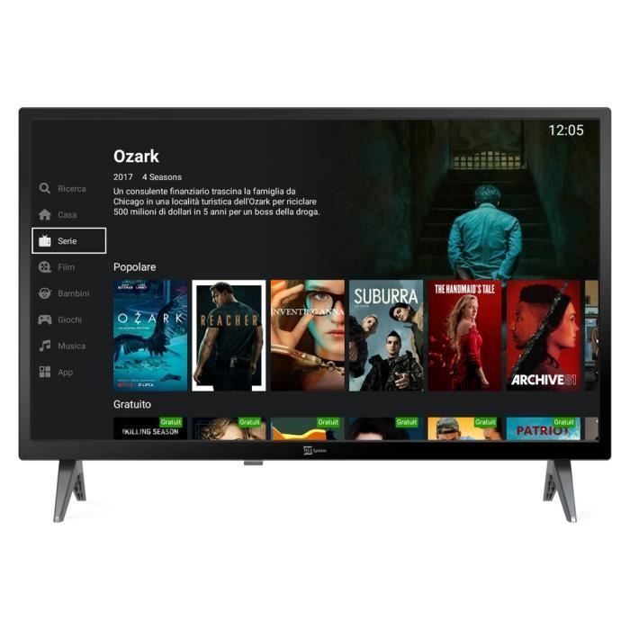 Tele System SMART24 LS2 A11 Smart TV Android avec des centaines de chaînes terrestres et satellites en DVB T2 S2 HEVC 10 bits.