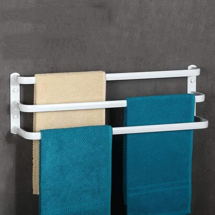 Porte-Serviettes Mural RETYOVE - 2 Étages Blanc - Aluminium - 40cm - Avec Crochets - Pour Salle De Bain Ou Cuisine