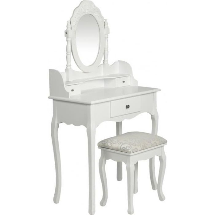 coiffeuse avec miroir et tabouret - vidaxl - blanc - romantique - bois de sapin solide - 3 tiroirs