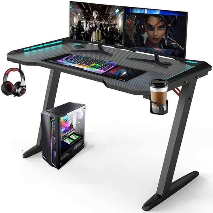 Bureau Gaming Aufun 120x60cm Avec LED - Revêtement Carbone, Stable Jusqu'à 150kg