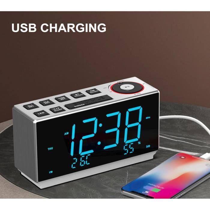 Radio Réveil LED Avec Double Alarme Et Port USB - Affichage Rouge Réglable