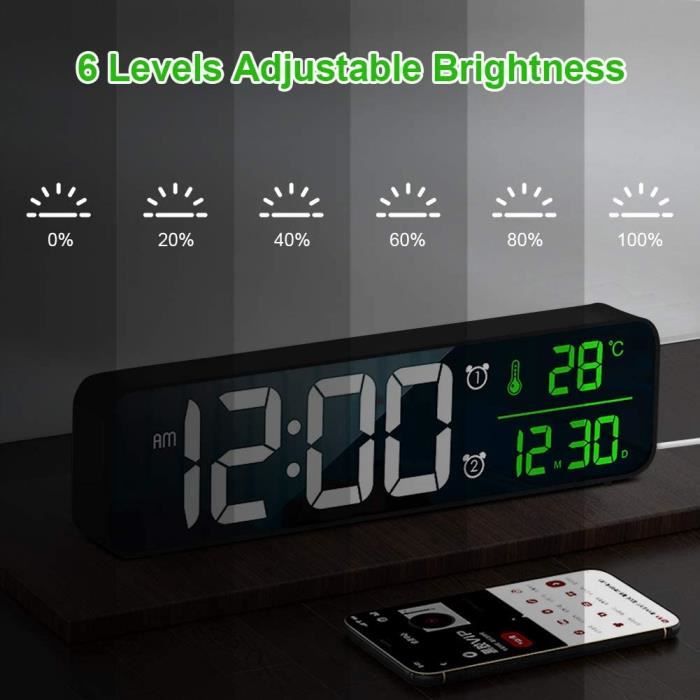 Horloge Murale Numérique LCD Avec Affichage Température/Humidité - Alimentation USB Ou 3x Piles AAA - Dimensions 20x2x8 Cm - Pour Bureau Ou Mur - Fonction Réveil - 8