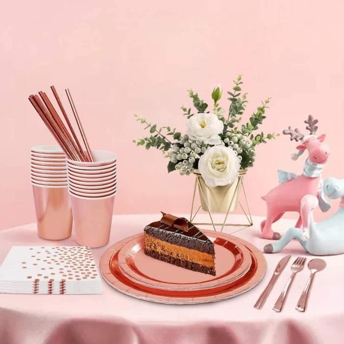 Kit Fête Rose Decoraparty 70 Pièces - Pour 12 Personnes - Ballons, Serviettes, Assiettes, Verres, Pailles