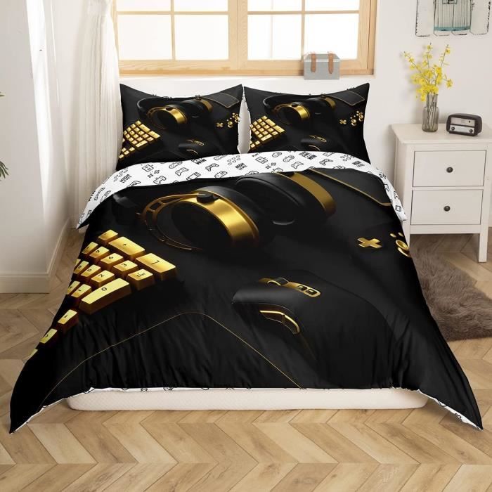 Housse De Couette Gamer 220x240cm + Taies - Motif Manette Jeu Vidéo Graffiti - Microfibre Douce - Pour Chambre Ado