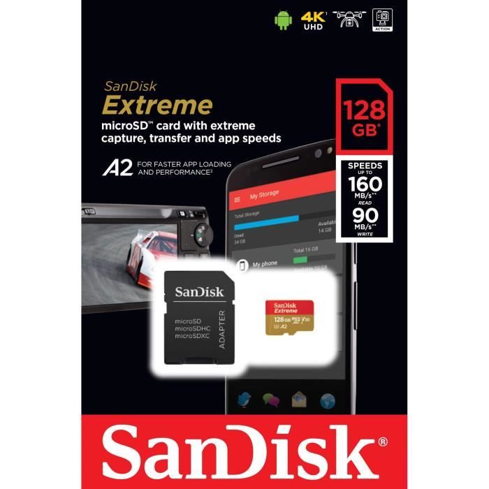 Carte Mémoire microSDXC SanDisk Extreme 128 Go + Adaptateur SD