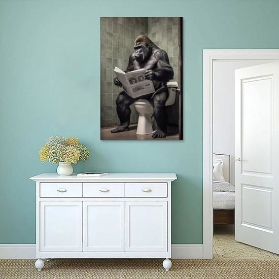 Poster Humoristique WC Singe Gorille A4 - Décoration Murale Drôle Toilette Noir Et Blanc