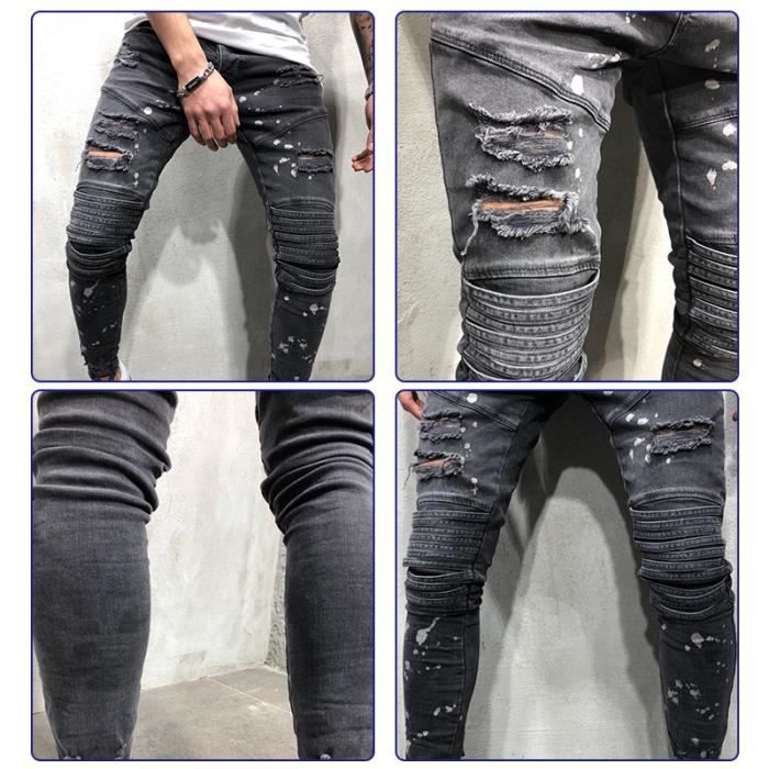 Moto Jeans Homme de Marque Jeans de Moto Motorcycle Dechire Homme Outdoor Coton Denim Pantalon Homme Gris Gris fonce