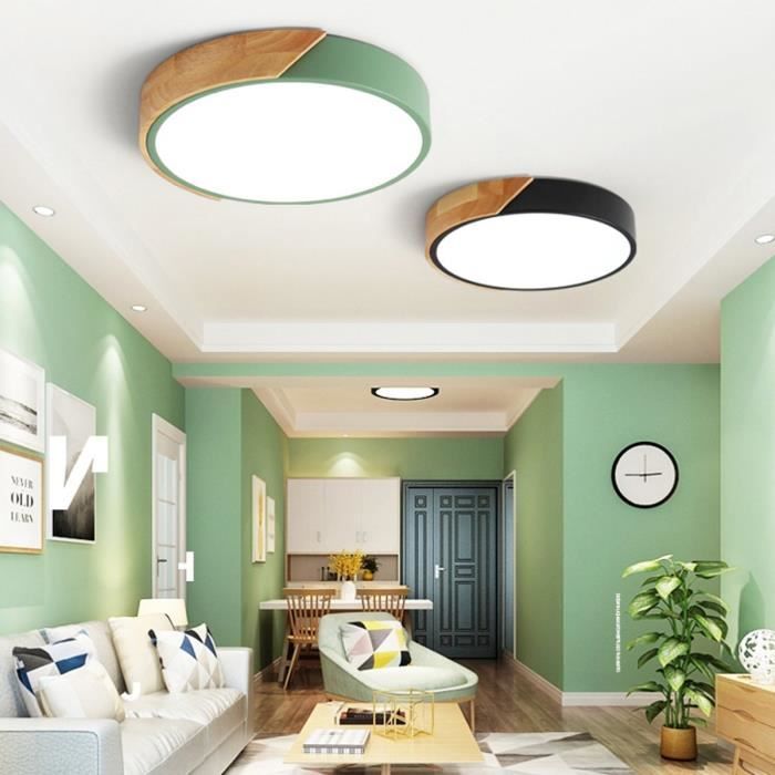 Plafonnier LED Macaron Bois 23cm 12W - Lumière 3 Couleurs, Vert - Chambre Enfant Et Salon Moderne