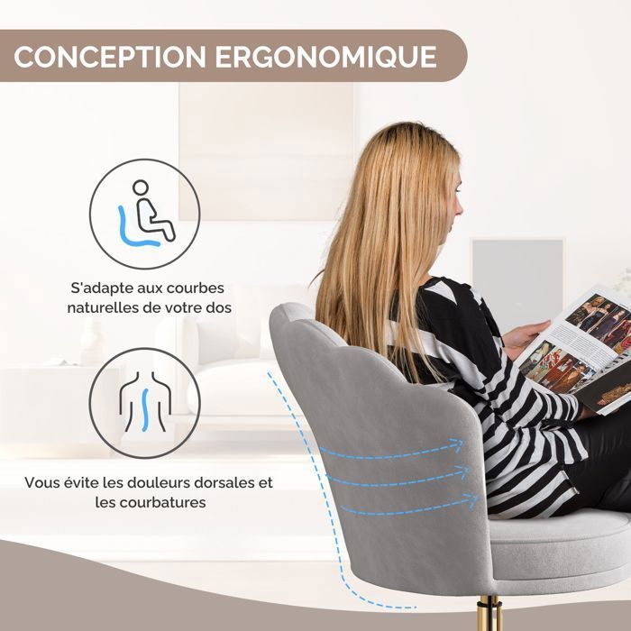 Fiximaster Homeoffice Chaise de Bureau pivotante réglable en Hauteur, Pieds en Argent en Velours, pour Le Bureau, la Chambre à Coucher - Charge maximale : 135 kg, Gris